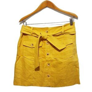 Love 21 Belted Linen Skirt Yellow Canary Mustard Button Front
